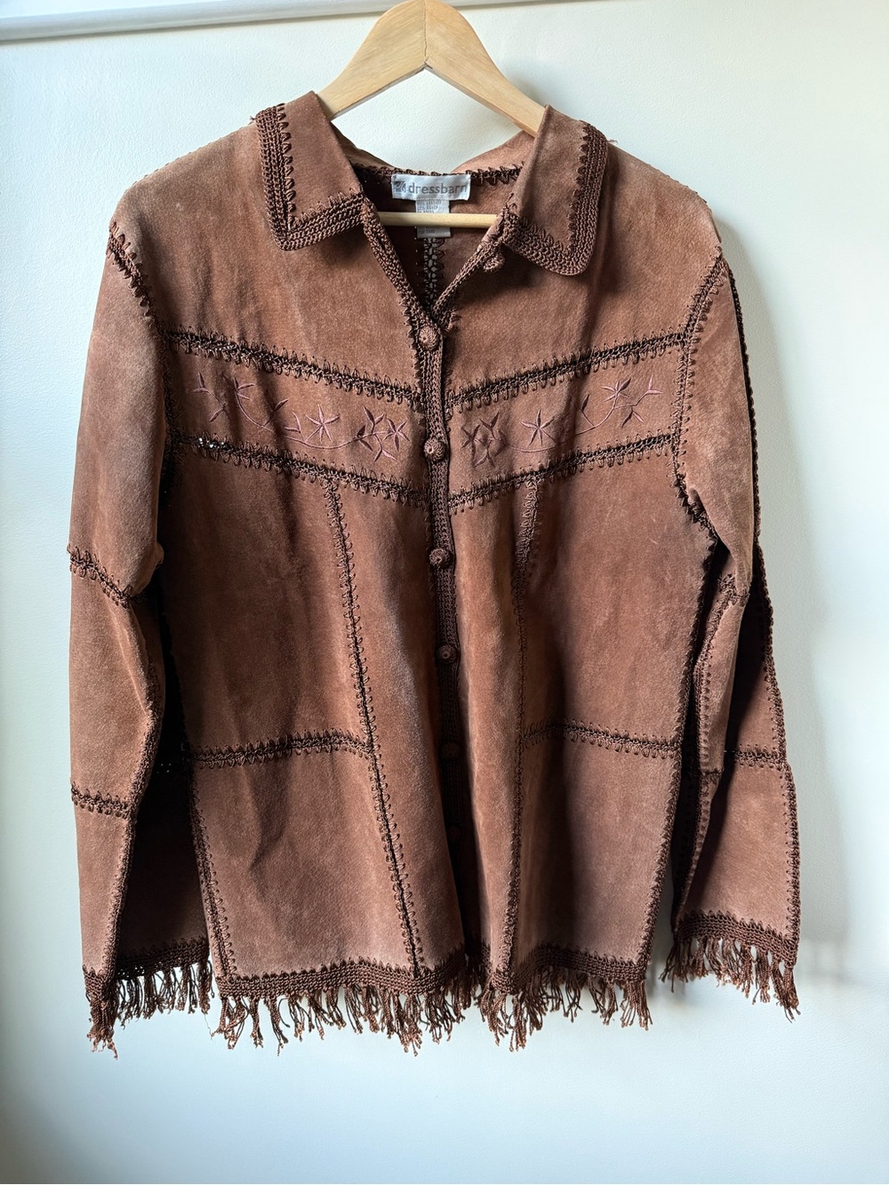 Suede Leather Jacket Embroidered Crochet Fringe Patchwork Western Boho Vintage S